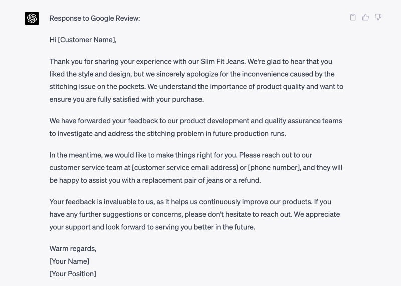 Google review response by ChtaGPT